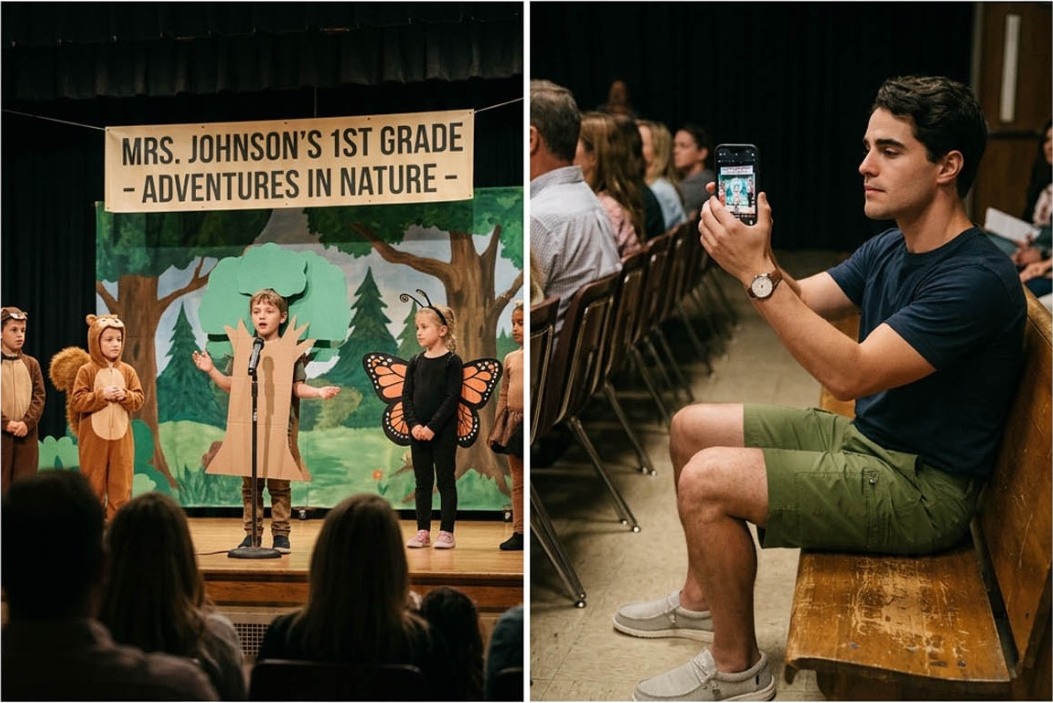 Dad filming his child at a 1st grade school play in Hallstatt shorts