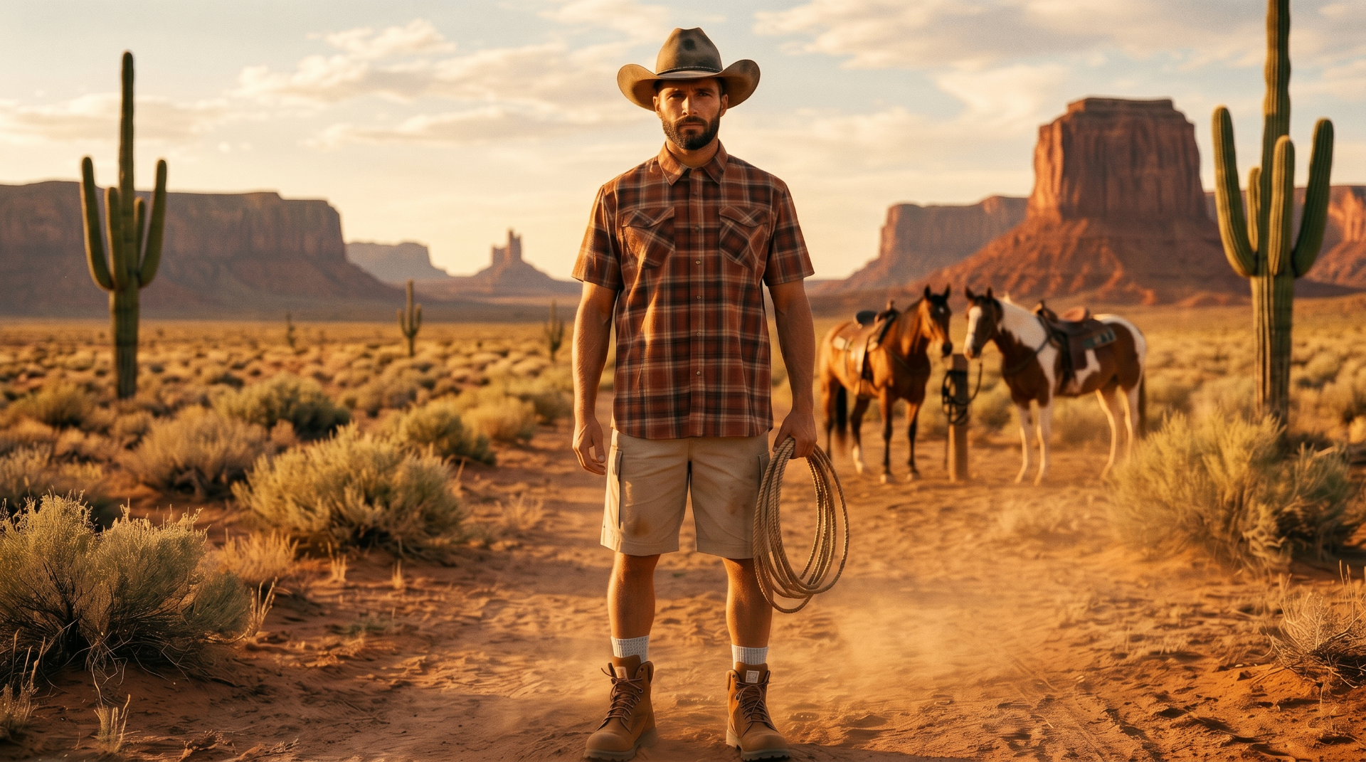 Cowboy in plaid short-sleeve shirt and cargo shorts in Monument Valley