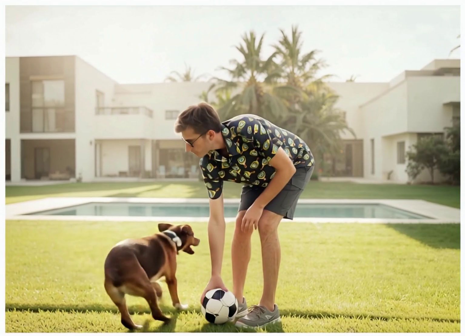 Playing soccer with a dog poolside in the pickleball print camp shirt