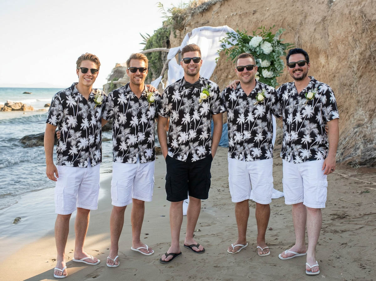 Groomsmen on the beach in Hallstatt camp shirts and white shorts