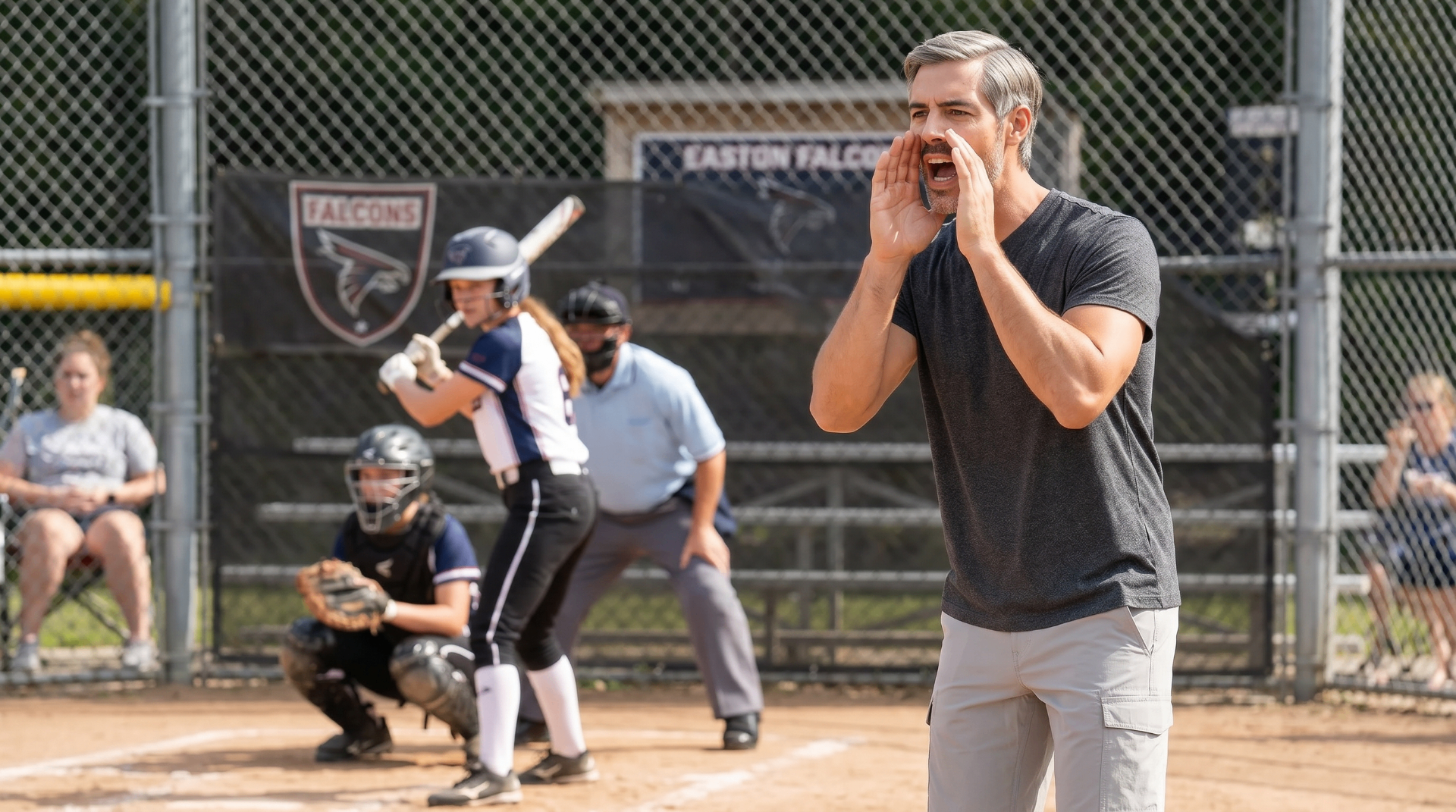 Coach cheering at the softball diamond